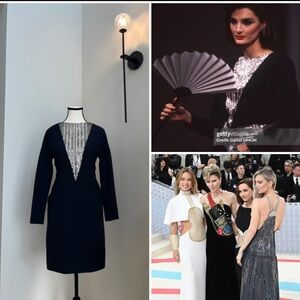 Vintage Runway Chloe F/W 1983  By Karl Lagerfeld Embellished Navy Dress
